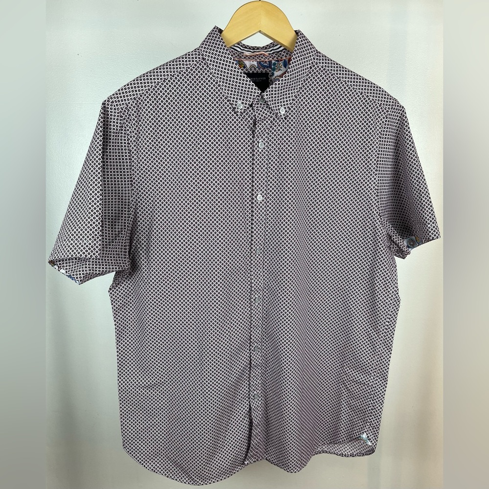 Denim & Flower Button Down Short Sleeve Collared Shirt Navy Burgundy